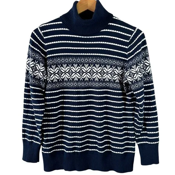 L.L.Bean Navy Fair Isle Stripe Cotton Cashmere Turtleneck Sweater Size Large - Picture 2 of 6